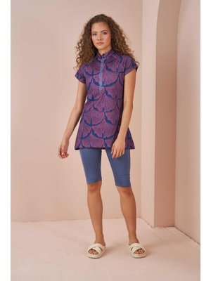 Lacivert Yaprak Desen Yarı Kapalı Mayo