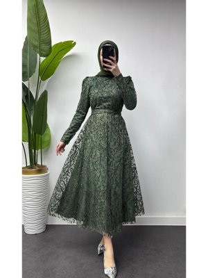Yaprak Desen İşlemeli Yenı Sezon Tesettur Abiye Elbise