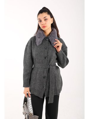 Antrasit Kürk Yaka Triko Hırka