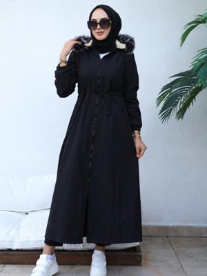 Içi Kürklü Kapüşonlu Uzun Bondit Kaban Siyah