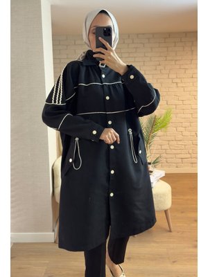 Siyah Beli Lastik Büzgülü Trençkot