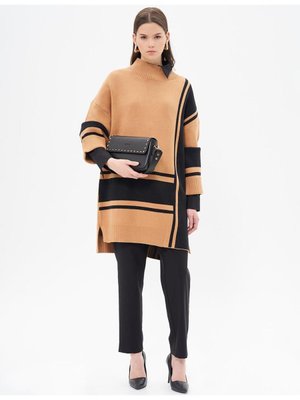 Çizgi Desen Triko Tunik Camel Siyah