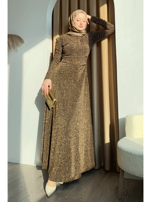 Simli Kruvaze Büzgülü Kahverengi Elbise Simli Kruvaze Büzgülü Kahverengi Elbise