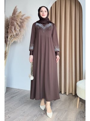 Taşlı İncili Acı Kahve Scuba Elbise