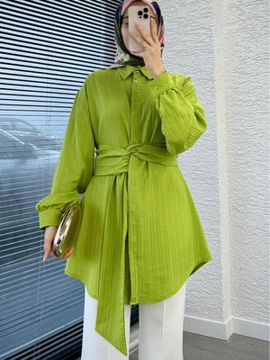 Kuşak Detay Uzun Kollu Gömlek