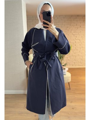 Lacivert Biye Detaylı Kuşaklı Trençkot