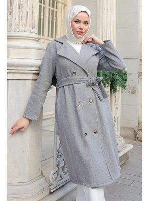 Gri Feral Kuşaklı Kaşe Kaban