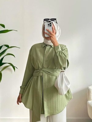 Kuşak Detay Uzun Kollu Gömlek