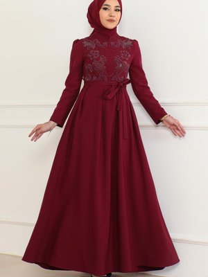 Bordo Taş Detaylı Elbise Bordo Taş Detaylı Elbise
