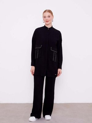 Siyah Taşlı Cep Detaylı İkili Takım