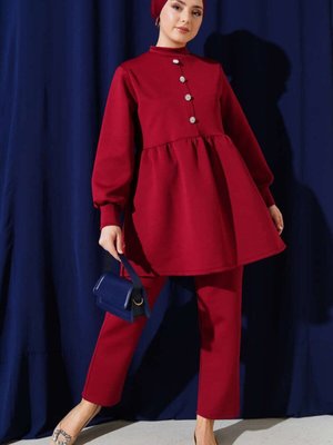 Bordo Taş Düğmeli Scuba İkili Takım Bordo Taş Düğmeli Scuba İkili Takım