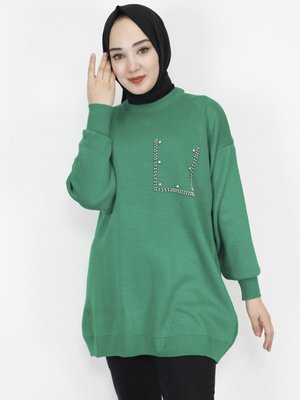 Yeşil İnci Ve Taş Desenli Triko Tunik Yeşil İnci Ve Taş Desenli Triko Tunik