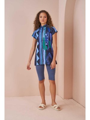 İndigo Etnik Desen Yarı Kapalı Mayo