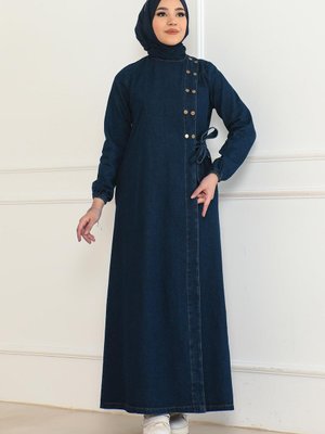Koyu Mavi Düğmeli Yandan Bağlamalı Kot Ferace Koyu Mavi Düğmeli Yandan Bağlamalı Kot Ferace