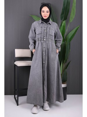 Füme Bel Lastikli Düğmeli Kot Elbise Füme Bel Lastikli Düğmeli Kot Elbise