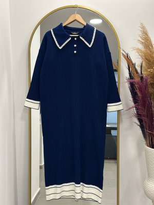 Alisa Bebe Yaka Üç Düğmeli Triko Elbise Lacivert