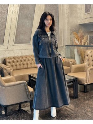 Cep Detaylı Denim Etek Ceket Takım