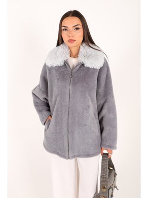Gri Angora Kürk Yaka Kaban