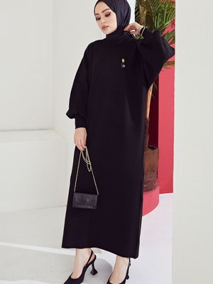 Mina Balon Kol Triko Elbise  Siyah Mina Balon Kol Triko Elbise  Siyah