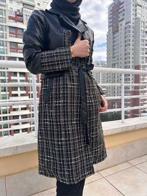 Deri Detaylı Kemerli Kap Ceket Trenç