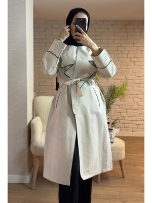 Taş Rengi Biye Detaylı Kuşaklı Trençkot