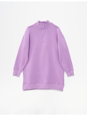 Düşük Omuz Fermuar Kapamalı Sweatshirt Mor