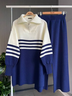 Balon Kol Çizgili Boğazlı Fermuarlı Triko İkili Takım Balon Kol Çizgili Boğazlı Fermuarlı Triko İkili Takım