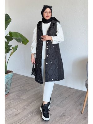 Taşlı Kapitone Kapüşonlu Siyah Yelek Taşlı Kapitone Kapüşonlu Siyah Yelek