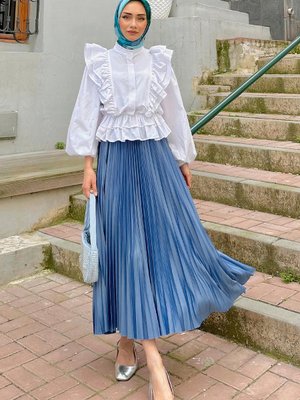İndigo Pliseli Etek