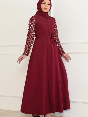 Bordo Saçak Detaylı Abiye Elbise Bordo Saçak Detaylı Abiye Elbise