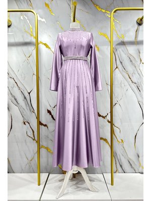 Lila Nevra Saten Abiye Elbise