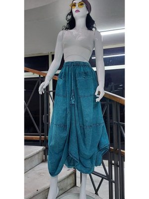 Turkuaz Hint Etnik Cepli Taşlanmış Şalvar Uzun Etek