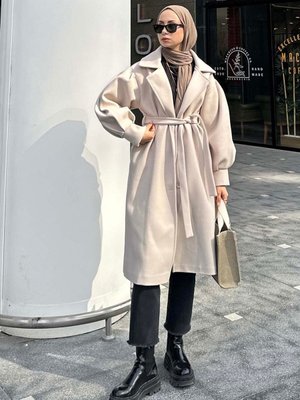 Balon Kol Örme Kaşe Kaban Bej