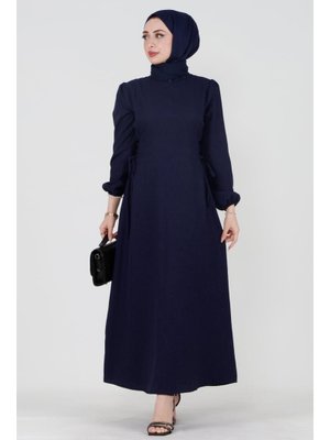 Lacivert Yanı Bağcıklı Keten Elbise