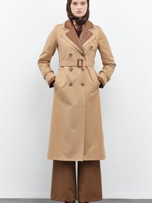 Deri Garnili Çift Yakalı Trençkot Camel