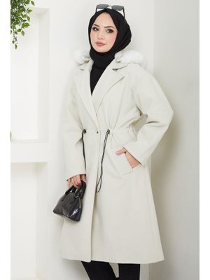Ekru Kapüşonlu Beli Büzgülü Kaşe Kaban Ekru Kapüşonlu Beli Büzgülü Kaşe Kaban