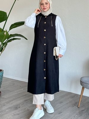 Zincir Detaylı Kapüşonlu Uzun Yelek Siyah Zincir Detaylı Kapüşonlu Uzun Yelek Siyah