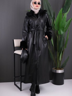 Siyah Kol Yaka Suni Kürklü Deri Kaban
