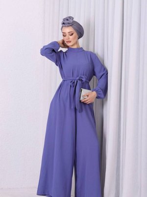 Kadın Lila Mavisi Kuşaklı Gül Detaylı Salaş Tulum Kadın Lila Mavisi Kuşaklı Gül Detaylı Salaş Tulum