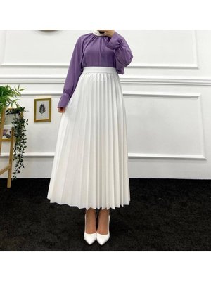 Beyaz Deri Görünümlü Piliseli Etek Beyaz Deri Görünümlü Piliseli Etek