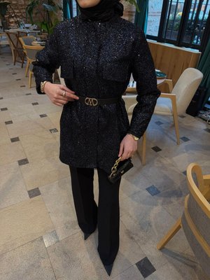 Lacivert Kemerli Payetli Ceket