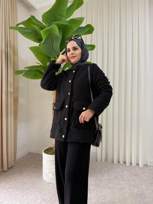 Düğmeli Tedy Yumuşak Hırka Ceket Siyah