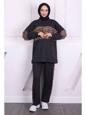 Füme Leoparlı Modal Tunik Pantolonlu Takım