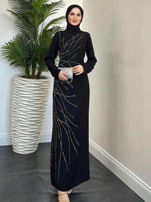 Candi Taşlı Krep Abiye Elbise Siyah Candi Taşlı Krep Abiye Elbise Siyah