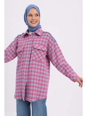 Denim Garnili Tüvit Gömlek Tunik Pembe Mavi Denim Garnili Tüvit Gömlek Tunik Pembe Mavi