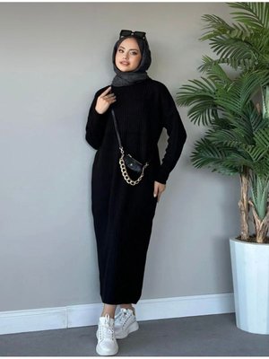 Fitilli Triko Elbise Siyah