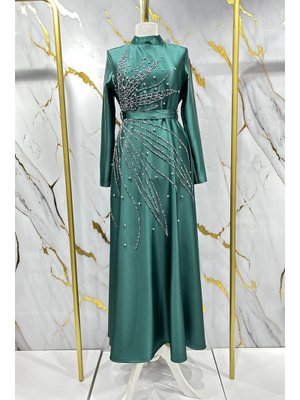 Zümrüt Yeşili Saren Saten Abiye Elbise