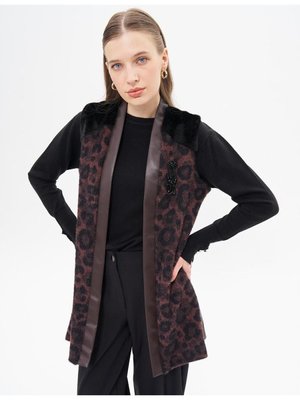 Animal Print Desenli Kürklü Yelek Kahve Animal Print Desenli Kürklü Yelek Kahve