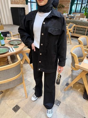 Siyah Bol Paça Varaklı Gabardin Pantolon