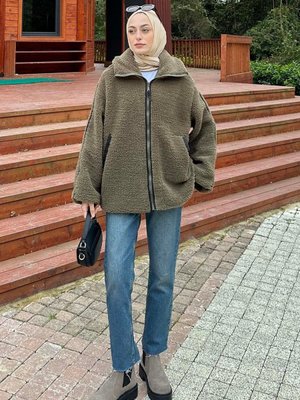 Biye Detaylı Tedy Peluş Mont Haki